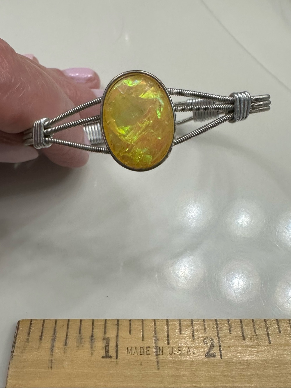 Handcrafted Yellow Opal-Effect Silver Wire Cuff Bangle